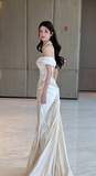Pretty Mermaid Off The Shoulder Satin Pleated Long Wedding Dresses HZ1024