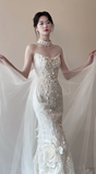 Stunning Mermaid Strapless Tulle Lace Beads With Veil Long Wedding Dresses HZ1024