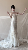 Stunning Mermaid Strapless Tulle Lace Beads With Veil Long Wedding Dresses HZ1024