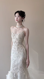 Stunning Mermaid Strapless Tulle Lace Beads With Veil Long Wedding Dresses HZ1024