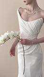Elegant Mermaid One Shoulder Satin Pleated Long Wedding Dresses HZ1024