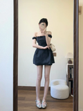 Black A Line Off The Shoulder Satin Short Homecoming Dress 16th Birthday Outfits HZ1024