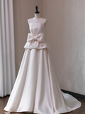 Elegant A Line Strapless Satin With Bow Long Wedding Dresses HZ1024