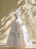 Elegant A Line Strapless Satin Sequin Flower Long Wedding Dresses HZ1024