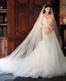 Dreamy Mermaid Strapless Tulle Lace Beads With Veil Long Wedding Dresses HZ1024