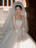 Timeless Ball Gown Strapless Tulle Beads With Gloves Veil Long Wedding Dresses HZ1024