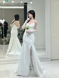 Classy Mermaid Strapless Satin Lace With Sleeves Long Wedding Dresses HZ1024