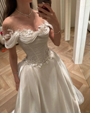 Gorgeous Ball Gown Off The Shoulder Satin Beads Flowers Long Wedding Dresses HZ1024