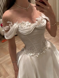 Gorgeous Ball Gown Off The Shoulder Satin Beads Flowers Long Wedding Dresses HZ1024