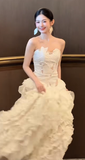 Chic Ball Gown Strapless Satin Long Wedding Dresses HZ1024
