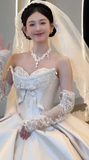 Timeless Ball Gown Strapless Satin Applique With Veil Sleeves Long Wedding Dresses HZ1024