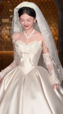 Timeless Ball Gown Strapless Satin Applique With Veil Sleeves Long Wedding Dresses HZ1024
