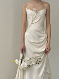 Chic Mermaid Strapless Satin Flower Long Wedding Dresses HZ1024
