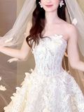 Elegant Ball Gown Strapless Tulle Lace With Veil Long Wedding Dresses HZ1024