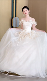 Style Classy Ball Gown Off The Shoulder Satin Tulle Applique Long Wedding Dresses HZ1024