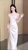 Simple Mermaid Off The Shoulder Satin Pleated Long Wedding Dresses HZ1024
