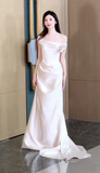 Simple Mermaid Off The Shoulder Satin Pleated Long Wedding Dresses HZ1024