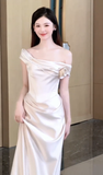 Simple Mermaid Off The Shoulder Satin Pleated Long Wedding Dresses HZ1024