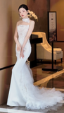 Stunning Mermaid Strapless Satin Tulle Lace Long Wedding Dresses HZ1024