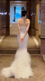 Stunning Mermaid Strapless Satin Tulle Lace Long Wedding Dresses HZ1024