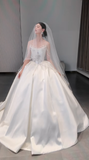 Timeless Ball Gown Off The Shoulder Satin Beads With Veil Long Wedding Dresses HZ1024