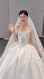 Timeless Ball Gown Off The Shoulder Satin Beads With Veil Long Wedding Dresses HZ1024