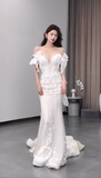 Dreamy Mermaid Off The Shoulder Satin Tulle Lace Beads Long Wedding Dresses HZ1024