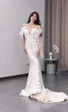 Dreamy Mermaid Off The Shoulder Satin Tulle Lace Beads Long Wedding Dresses HZ1024
