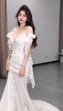 Dreamy Mermaid Off The Shoulder Satin Tulle Lace Beads Long Wedding Dresses HZ1024