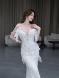 Dreamy Mermaid Off The Shoulder Satin Tulle Lace Beads Long Wedding Dresses HZ1024