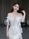 Dreamy Mermaid Off The Shoulder Satin Tulle Lace Beads Long Wedding Dresses HZ1024
