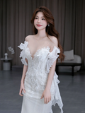 Dreamy Mermaid Off The Shoulder Satin Tulle Lace Beads Long Wedding Dresses HZ1024