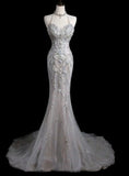 Gorgeous Mermaid Halter Tulle Sequin Beads Long Prom Dresses Formal Dress HZ1024