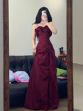 Elegant A Line Strapless Burgundy Satin Long Prom Dresses Formal Dress HZ1024