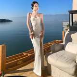 Elegant Mermaid Spaghetti Straps White Satin Applique Slit Long Prom Dresses Formal Dress HZ1024