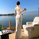 Elegant Mermaid Spaghetti Straps White Satin Applique Slit Long Prom Dresses Formal Dress HZ1024
