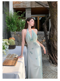 Chic A Line Halter Satin Chiffon Long Prom Dresses Formal Dress HZ1024