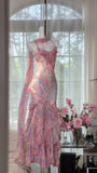 Stunning Mermaid Spaghetti Straps Chiffon Printed Long Prom Dresses Formal Dress HZ1024