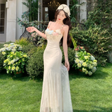 Charming Mermaid Spaghetti Straps Satin Lace Applique Long Prom Dresses Formal Dress HZ1024