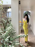 Yellow Mermaid Spaghetti Straps Satin Long Prom Dresses Formal Dress HZ1024