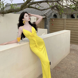 Yellow Mermaid Spaghetti Straps Satin Long Prom Dresses Formal Dress HZ1024