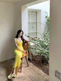 Yellow Mermaid Spaghetti Straps Satin Long Prom Dresses Formal Dress HZ1024