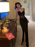 Sexy Mermaid Spaghetti Straps Black Satin Lace Slit Long Prom Dresses Formal Dress HZ1024