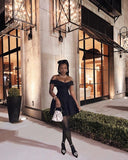 Classy A Line Off The Shoulder Black Satin Short Homecoming Dress 19th Birthday Outfits HZ1024