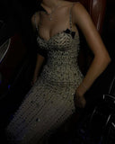 Gorgeous Mermaid Spaghetti Straps Satin Beads Long Prom Dresses Formal Dress HZ1024