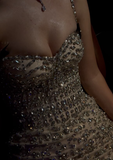 Gorgeous Mermaid Spaghetti Straps Satin Beads Long Prom Dresses Formal Dress HZ1024