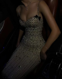 Gorgeous Mermaid Spaghetti Straps Satin Beads Long Prom Dresses Formal Dress HZ1024