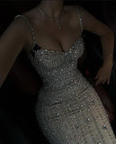 Gorgeous Mermaid Spaghetti Straps Satin Beads Long Prom Dresses Formal Dress HZ1024