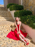Chic Red A Line Spaghetti Starps Satin Long Prom Dresses Formal Dress HZ1024