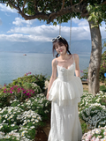 Vintage A Line Spaghetti Straps White Satin Applique Long Prom Dresses Formal Dress HZ1024